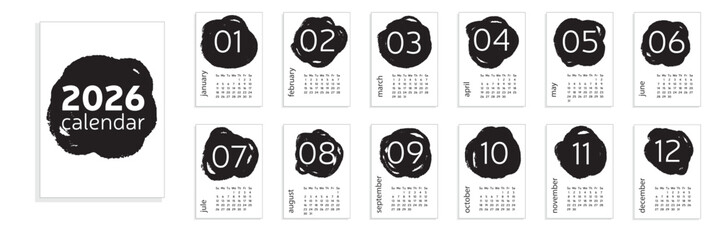 2026 Calendar. Minimal 2026 A4 Calendar. Week Start From Sunday. Hand Drawn Vector Art. 