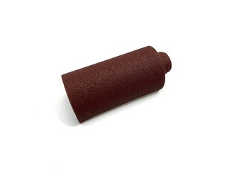 Brown sandpaper roll for surface smoothing and polishing. Ideal for woodworking, metal, and DIY projects. Abrasive tool photography isolated on white background.