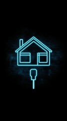 Neon House Connection Illustration on Black Background Home Automation Technology Concept Modern Design Style