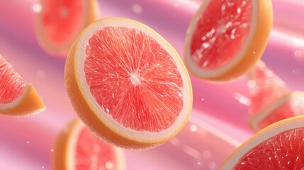 Refreshing close-up of floating pink grapefruit slices in a colorful abstract environment