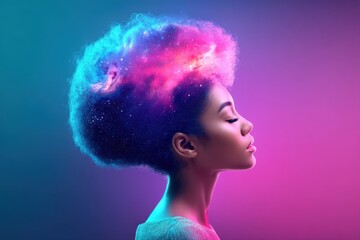 Woman showcases a cosmic galaxy within her afro hairstyle in a pop art style portrait