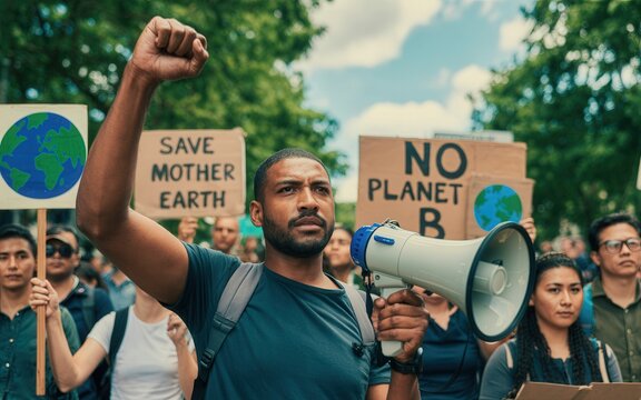 Diverse group protesting for climate change action.