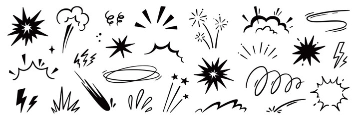 Line speed cartoon effect, comic smoke motion line element set. Comic boom motion, explosive energy, line speed cartoon vector icon. Hand drawn sketch doodle action effect. Vector illustration © Polina Tomtosova