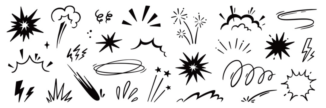 Line speed cartoon effect, comic smoke motion line element set. Comic boom motion, explosive energy, line speed cartoon vector icon. Hand drawn sketch doodle action effect. Vector illustration