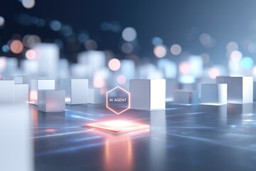 Glowing hexagon displays "AI Agent" on a futuristic cityscape platform.  Digital network lines illuminate the scene. Abstract and technological