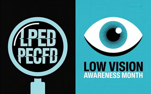 Low Vision Awareness Month graphic with eye chart and eye symbol. - Powered by Adobe