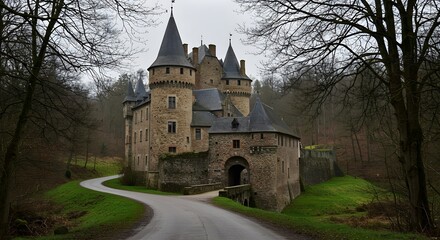 Obraz premium Misty Medieval Castle in a Lush Forest Landscape