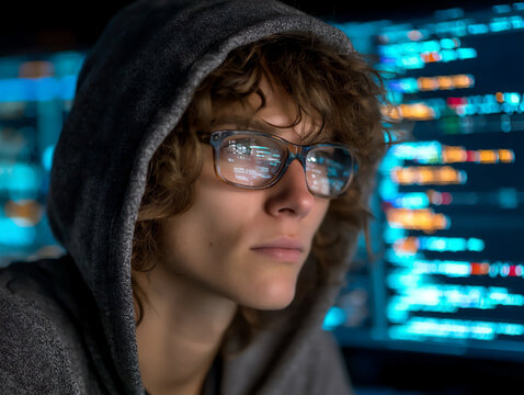 bright and modern office photograph of a young programmer working on code with python syntax highlighted on a large monitor,