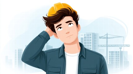 Fototapeta premium Thoughtful construction worker in hard hat pondering project challenges at urban building site