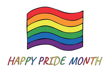 Colorful Gay pride flag Happy pride day LGBTQ community Pride Month Vector hand drawn doodle for posters, stickers, logo, cards