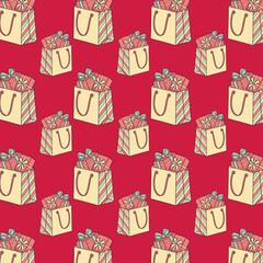Seamless pattern of paper bags and gift boxes, perfect for paper and fabric printing