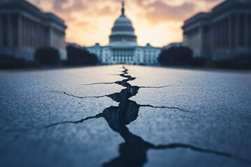 Deep Crack in Pavement Capitol Building Background Political Division Concept
