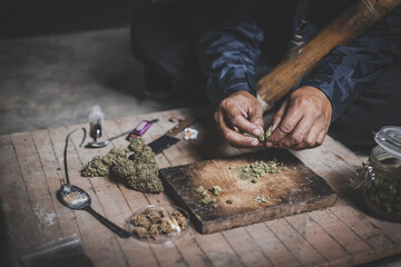 Addiction concept, An addict experiencing a crisis of dependence after prolonged use of drugs and alcohol, Stop dope,  international Day against Drug Abuse and Illicit Trafficking.
