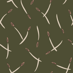 Falling flower buds and stems getting entangled to form a minimalist pattern in colors of off white, brown on green background. Seamless vector pattern. Great for home decor, fabric, wallpaper, gifts.