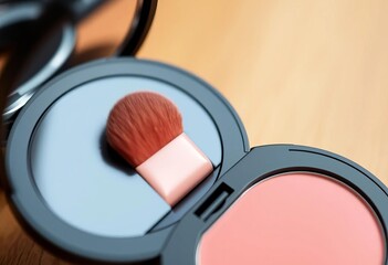 Sleek black compact case, soft peach blush brush & lipstick nestled inside, soft, product