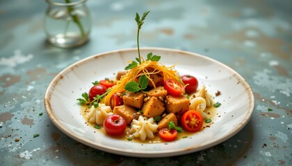a plate of asian style chicken noodle dish with vibrant vegetables, served with a side of sliced ora