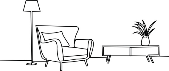 continuous line drawing of sofa with lamp and potted plant. Modern furniture simple linear vector  showcases minimalist Scandinavian furniture and plant. single line art © Afshan