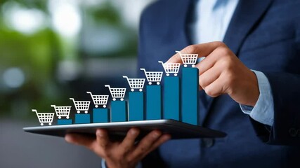 A businessman analyzing e-commerce growth through upward graphs and shopping carts.