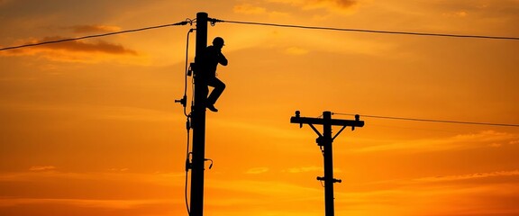 Silhouette of worker ascending utility pole against sunset sky, energy, electricity