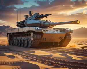 Futuristic Military Tank in Desert Landscape at Sunset.