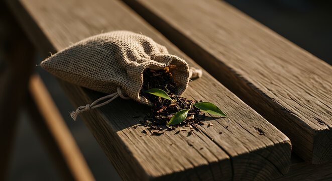 Dried tea leaves spill from burlap bag rustic wooden bench warm sunlight autumnal vibes