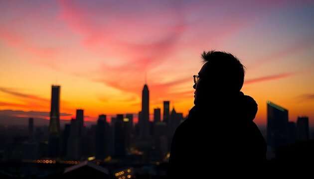 Silhouette of contemplative figure against vibrant city skyline at dusk, horizon, dreaming