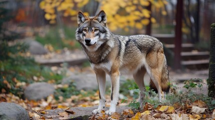 Obraz premium Majestatyczny wilk stojący w gotowości w jesiennym krajobrazie, na tle żywych liści. Portret dzikiej przyrody.