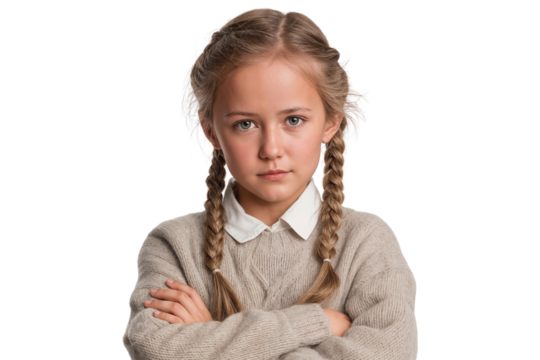 A serious young girl with braided hair crosses her arms and stares intently, wearing a beige sweater, isolated on white background