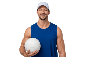 Portrait of a smiling man holding a volleyball and wearing a white cap, isolated on transparent background
