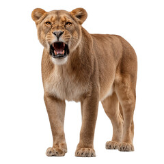 Obraz premium Wild lioness captured mid-roar, expressing strength and raw emotion, isolated on transparent background