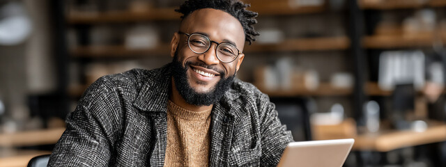 a comfortable shot of a man in a wheelchair using a tablet while sitting near a desk with a laptop in a sunlit living room. accessible work environment.