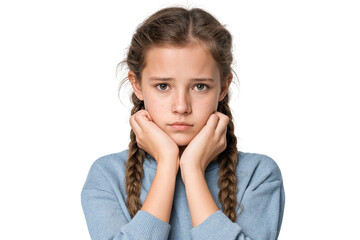 Little girl with braids feeling down, holding her face and staring ahead with sadness.