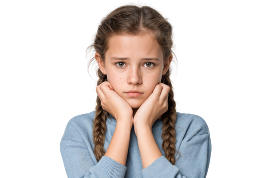 Little girl with braids feeling down, holding her face and staring ahead with sadness.