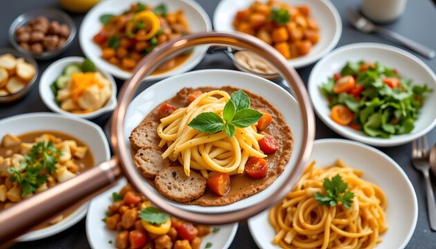an assortment of food items, primarily in bowls, displayed around a magnifying glass positioned to f