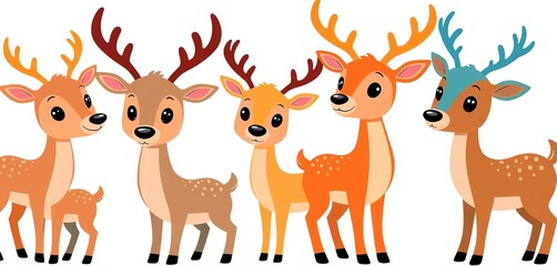 Naklejka premium Several cartoon deer, simplified shapes, flat style, isolated on white, copy space, illustration