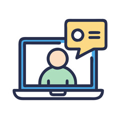 Online communication icon showing video conference on laptop screen