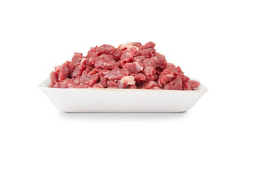 Pile of beef cubes isolated on white.