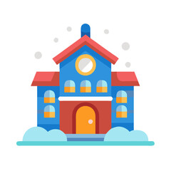 Flat vector schoolhouse illustration with snow on black background