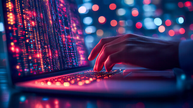 Dedicated programmer engaging in software development with java script code on laptop screen, embracing iot and digital technology innovations