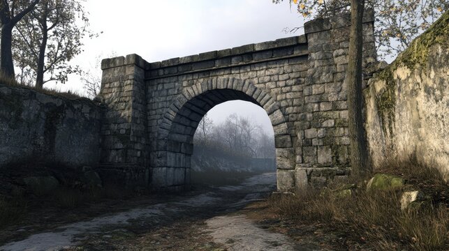 Stone archway in misty landscape low angle view of aged architecture and natural setting with trees and path - Powered by Adobe