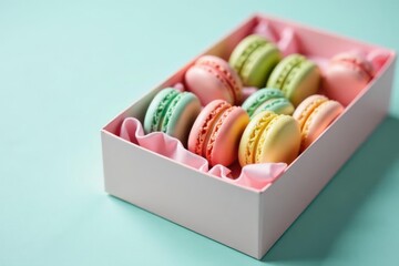 Pastel-colored macarons in a pink gift box, a delightful treat for a special occasion.