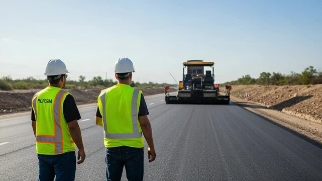 Two Male Construction Workers Directing Machinery on a Newly Paved Road Under a Clear Sky in a Neighborhood Construction Zone