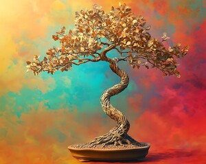 Artistic portrayal of an isolated bonsai tree with intricate leaf patterns set on a vibrant background