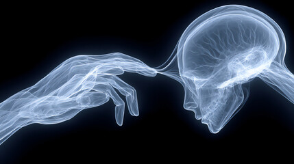 Fototapeta premium a 3d rendering of a human hand and an ai face merging together, forming a new, hybrid entity with glowing neural networks. ethereal, futuristic background.