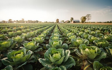 Fototapeta premium Vast Cabbage Fields at Sunset A Stunning View of Agricultural Abundance