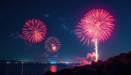Vibrant fireworks explode in the night sky, illuminating the darkness with colorful bursts , holiday, dark, night