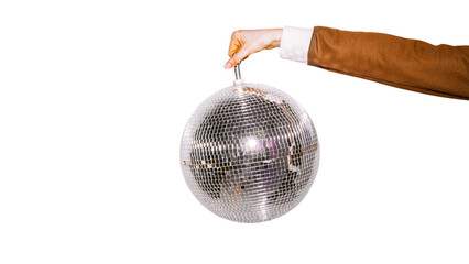 Disco Ball Held High: An elegant hand in a tailored suit suspends a gleaming disco ball, reflecting vibrant energy and the promise of an unforgettable night out. 