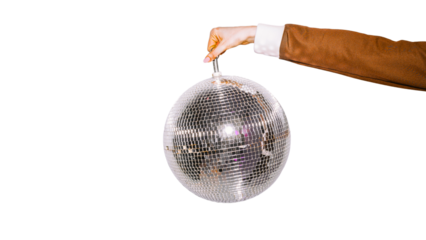 Disco Ball Held High: An elegant hand in a tailored suit suspends a gleaming disco ball, reflecting vibrant energy and the promise of an unforgettable night out. 