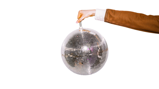 Disco Ball Held High: An elegant hand in a tailored suit suspends a gleaming disco ball, reflecting vibrant energy and the promise of an unforgettable night out. 