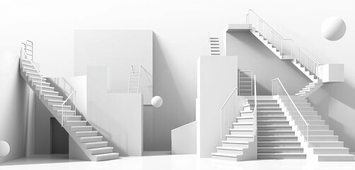 Fototapeta premium Set of monochrome abstract surreal stairs, ladders, and geometric shapes in minimal flat vector style , clean, flat design